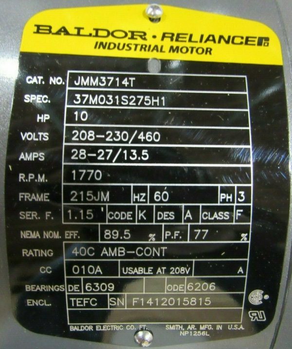 NEW BALDOR JMM3714T MOTOR 10HP 1770 RPM 208-230/460V 37M031S275H1 - Image 4