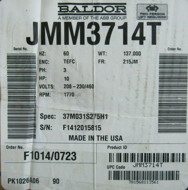 NEW BALDOR JMM3714T MOTOR 10HP 1770 RPM 208-230/460V 37M031S275H1 - Image 5