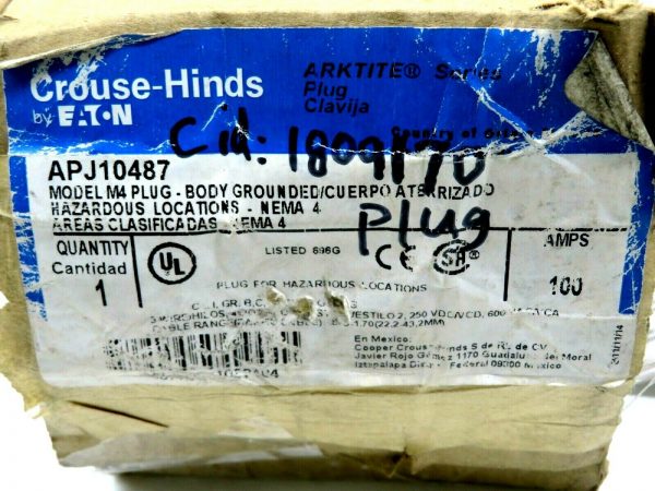NEW CROUSE HINDS APJ10487 RECEPTACLE PLUG 100AMP 3WIRES 4POLES - SB ...