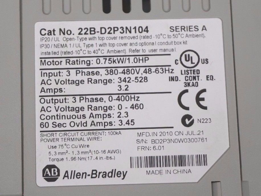 USED ALLEN BRADLEY 22B-D2P3N104 POWERFLEX 40 DRIVE 1HP, .75KW, 22BD2P3N104 - Image 5
