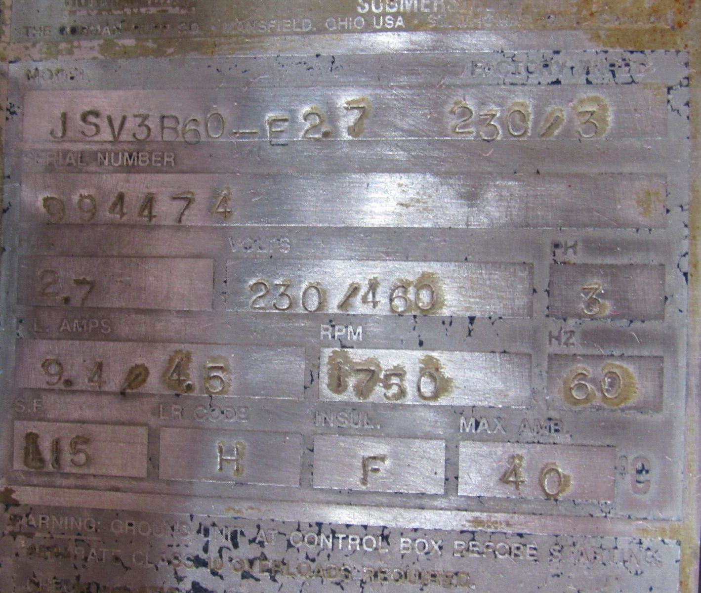 USED GORMAN RUPP JSV3B60-E2.7 SUBMERSIBLE PUMP 230/460V 3PH 2.7HP JSV3B60E27 - Image 5