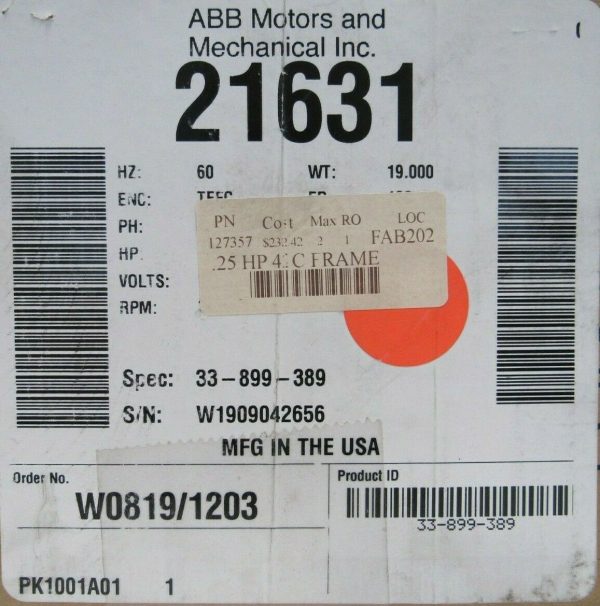 NEW BALDOR 21631 MOTOR .25HP 115/230V 3450 RPM 33-899-389 DIA. 3/8" - Image 5