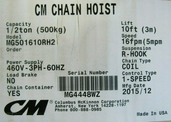 NEW CM MAN GUARD MG501610RH2 ELECTRIC CHAIN HOIST 1/2 TON 460V 3P 10FT - Image 6