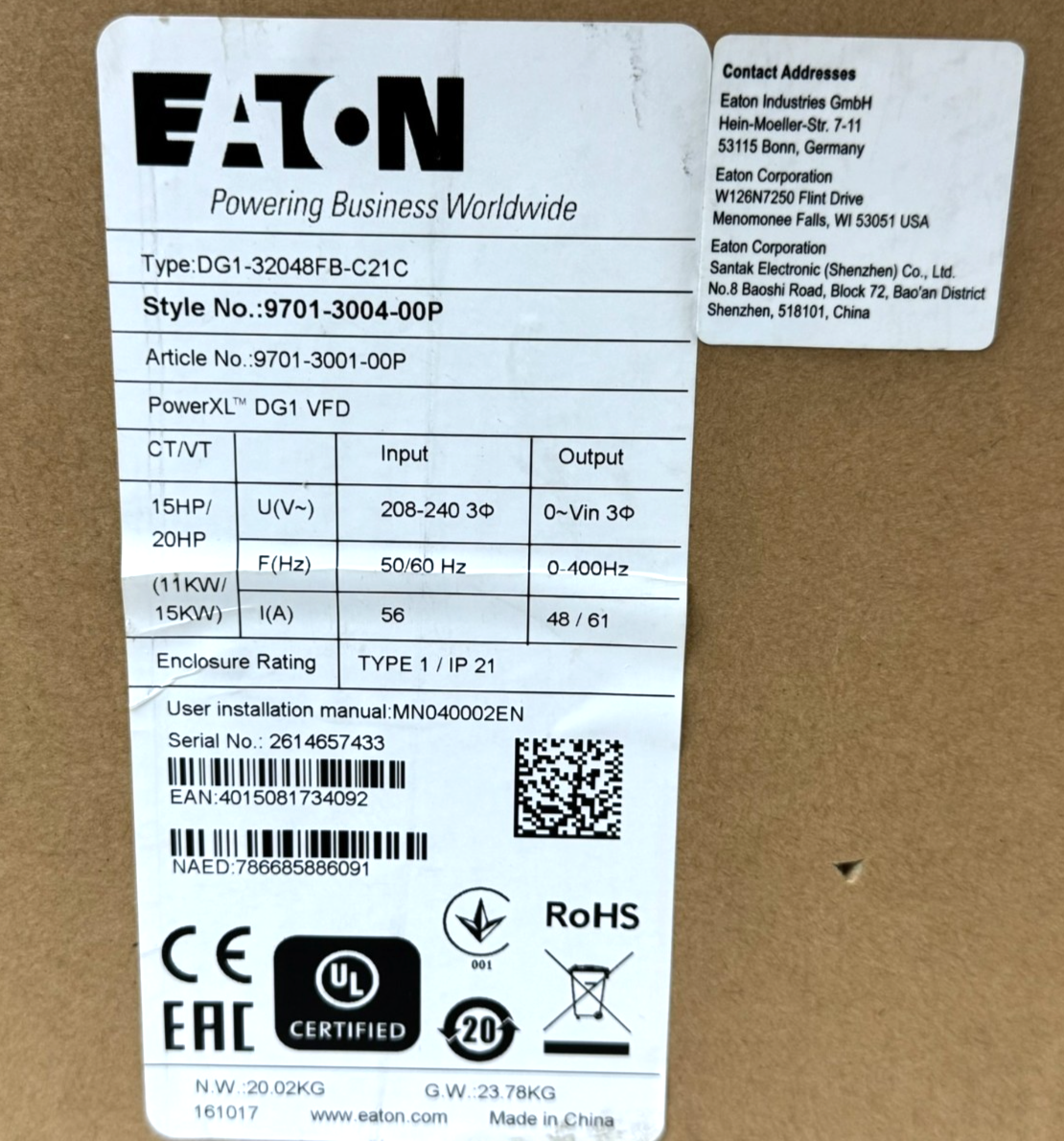 NEW EATON DG1-32048FB-C21C POWERXL DG1 VFD 15HP 9701-3004-00P 9701-3001-00P - Image 4