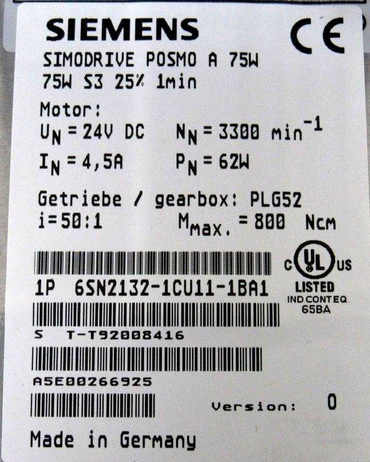 NEW SIEMENS 6SN2132-1CU11-1BA1 SIMODRIVE POSMO A 75W 6SN21321CU111BA1 ...
