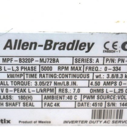 ALLEN BRADLEY MPF-B320P-MJ72BA SERVO MOTOR SER.A 12619 MPFB320PMJ72BA