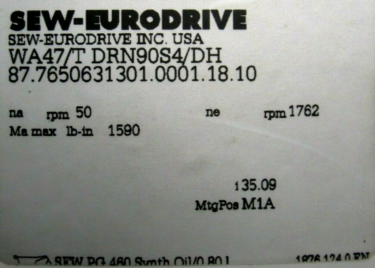 NEW SEW EURODRIVE WA47/T-DRN90S4/DH GEAR MOTOR 1.5HP WA47TDRN90S4DH - Image 5