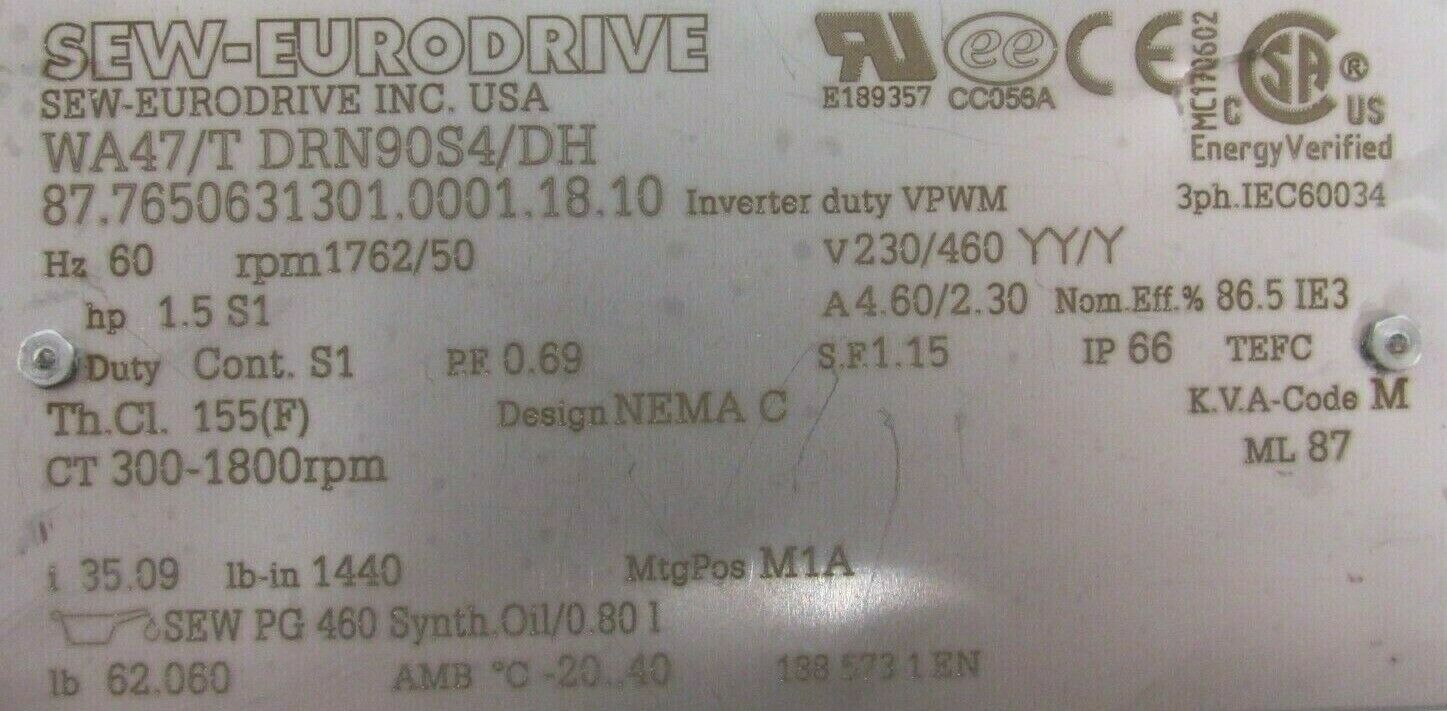 NEW SEW EURODRIVE WA47/T-DRN90S4/DH GEAR MOTOR 1.5HP WA47TDRN90S4DH - Image 6