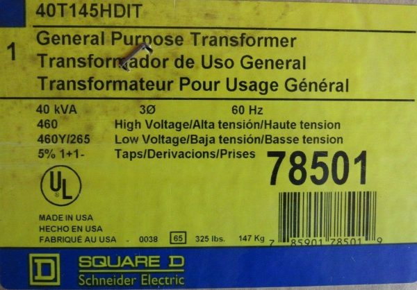 NEW SQUARE D 40T145HDIT TRANSFORMER 460V 460Y/265 40KVA 78501 - Image 3