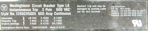 NEW WESTINGHOUSE 1265C95G05 CIRCUIT BREAKER AB DE-ION TYPE LA 3 POLE 600A 600VAC - Image 5