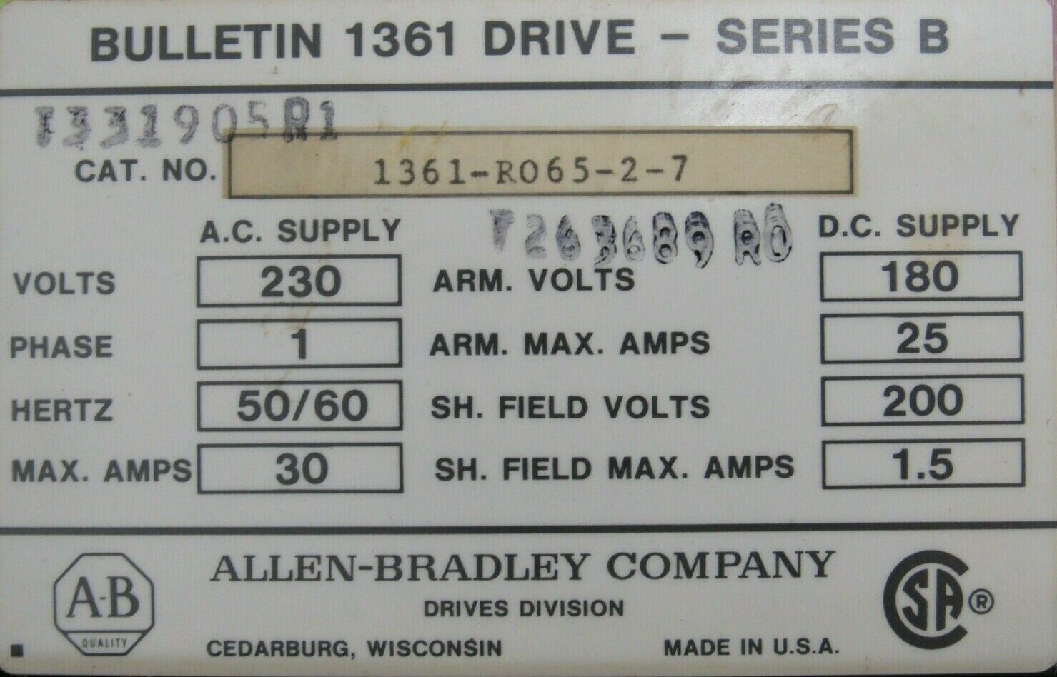 REFURBISHED ALLEN BRADLEY 1361-R065-2-7 DRIVE SER.B 230V 1361R06527 - Image 5