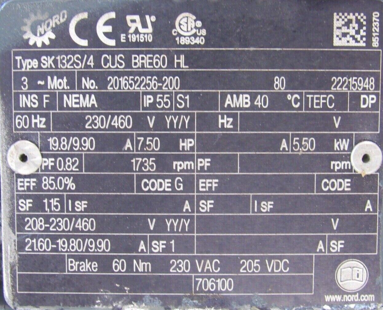 USED NORD 4282AFH-132S/4CUS GEARMOTOR 32.04:1 230/460V 7.5HP SK132S/4CUSBRE60HL - Image 6