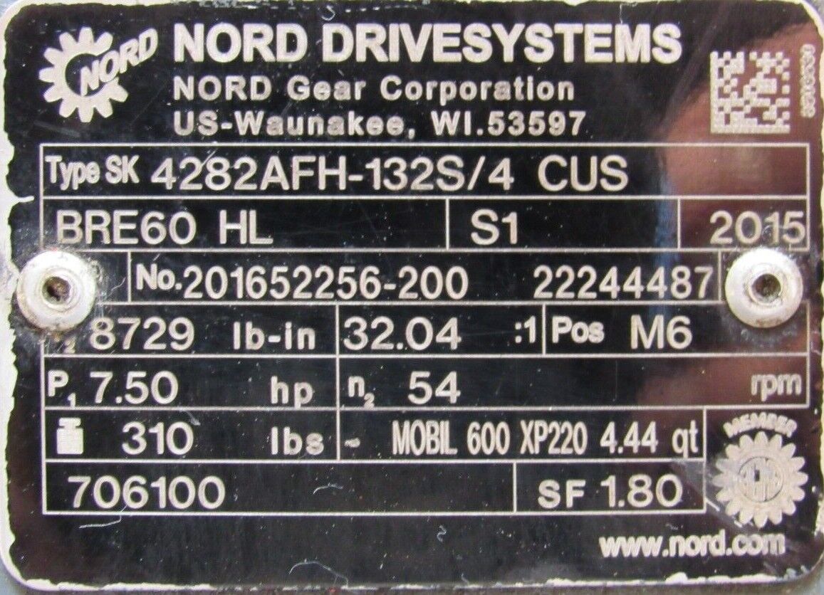 USED NORD 4282AFH-132S/4CUS GEARMOTOR 32.04:1 230/460V 7.5HP SK132S/4CUSBRE60HL - Image 7