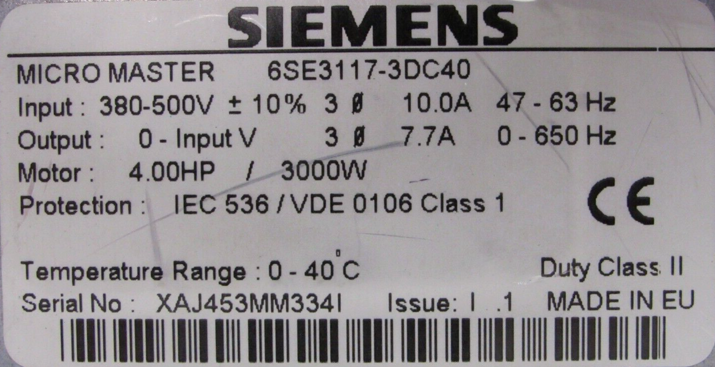 Micro Master Siemens 6SE3112-1BA40 - Srl Micro Master Siemens 6SE3112-1BA40 - Srl