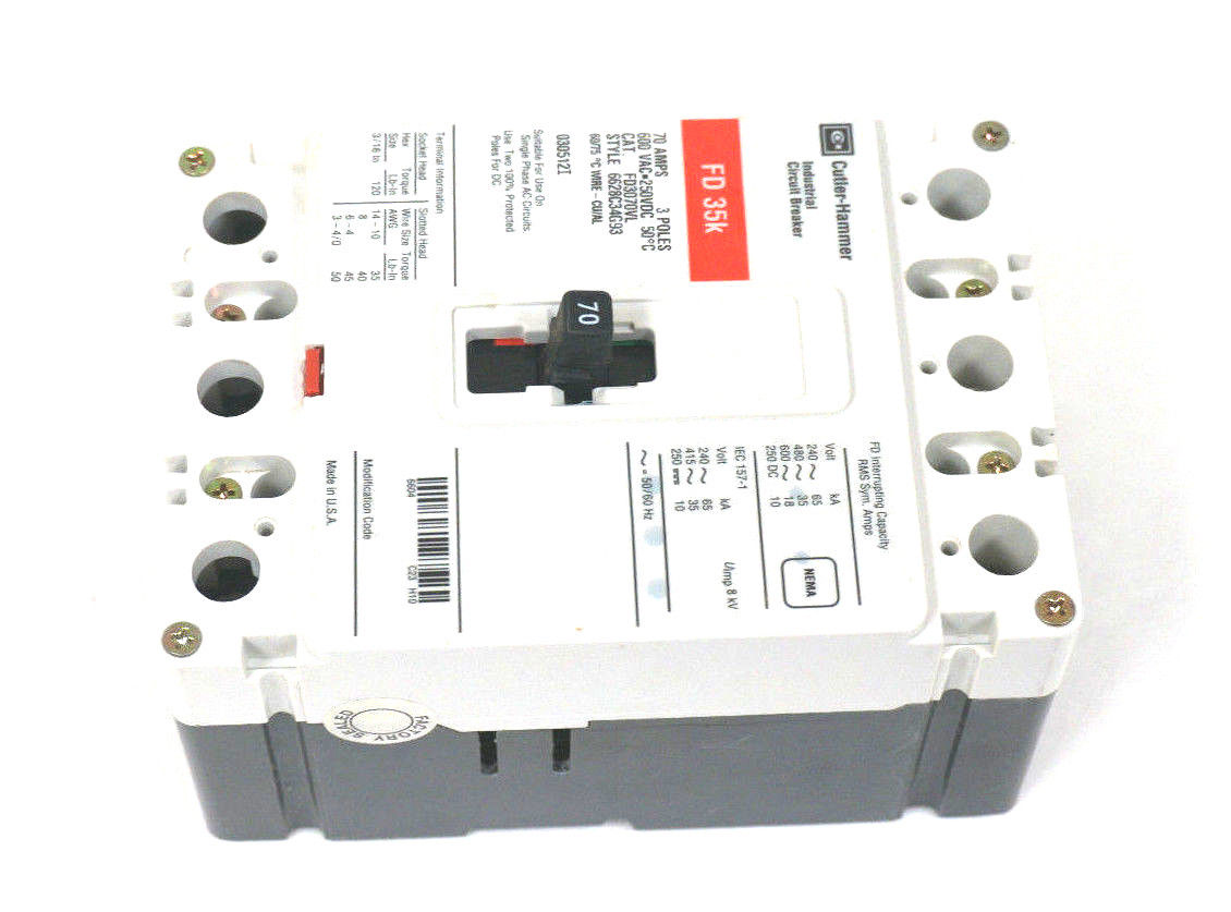NEW CUTLER HAMMER FD3070VL CIRCUIT BREAKER SER. C, 70A, 600VAC, 3 POLE - Image 5