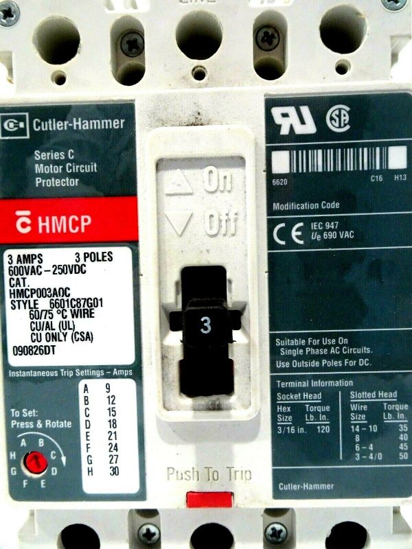 NEW CUTLER HAMMER HMCP003A0C CIRCUIT BREAKER 3 POLES 3 AMP 600V - Image 4