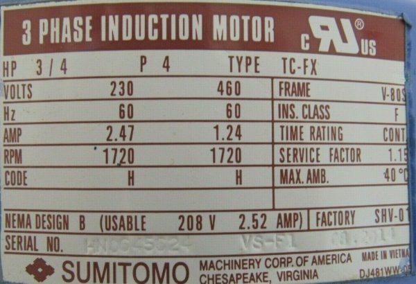 NEW SUMITOMO CNHM08-6105YA-59 GEAR MOTOR 3/4HP 59:1 230/460V CNHM086105YA59 - Image 6