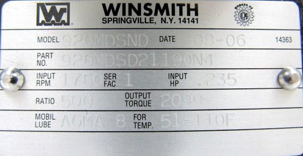 NEW WINSMITH 926MDSD21190N4 GEAR REDUCER 926MDSND RATIO 500:1 - Image 5
