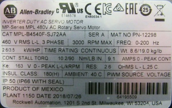 NEW ALLEN BRADLEY MPL-B4540F-SJ72AA SERVO MOTOR SER.A MPLB4540FSJ72AA - Image 4