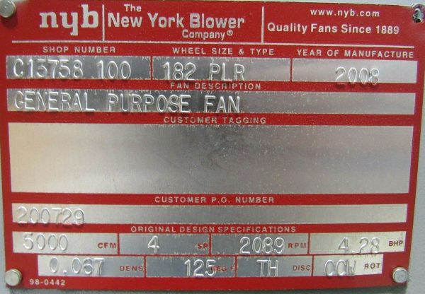 NEW NEW YORK BLOWER 182 PLR GENERAL PURPOSE FAN 5HP C13758 100 182PLR - Image 9