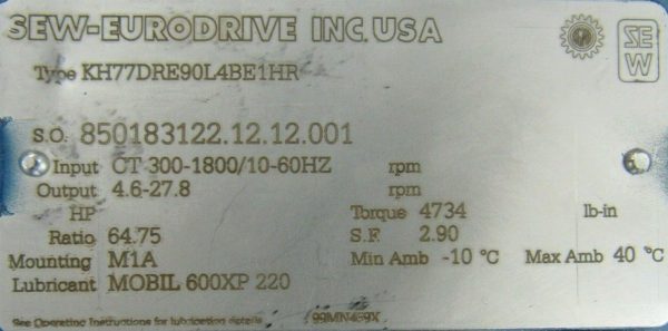 NEW SEW EURODRIVE KH77DRE90L4BE1HR GEAR REDUCER RATIO 64.75 - Image 6