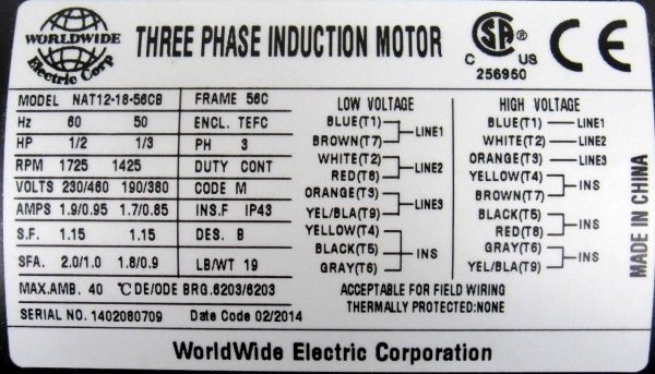 NEW WORLDWIDE ELECTRIC NAT12-18-56CB MOTOR NAT121856CB 1/2 HP 1725 RPM 230/460V - Image 5