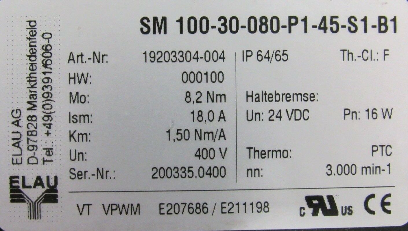 NEW ELAU SM100-30-080-P1-45-S1-B1 SERVO MOTOR SM10030080P145S1B1 - Image 4