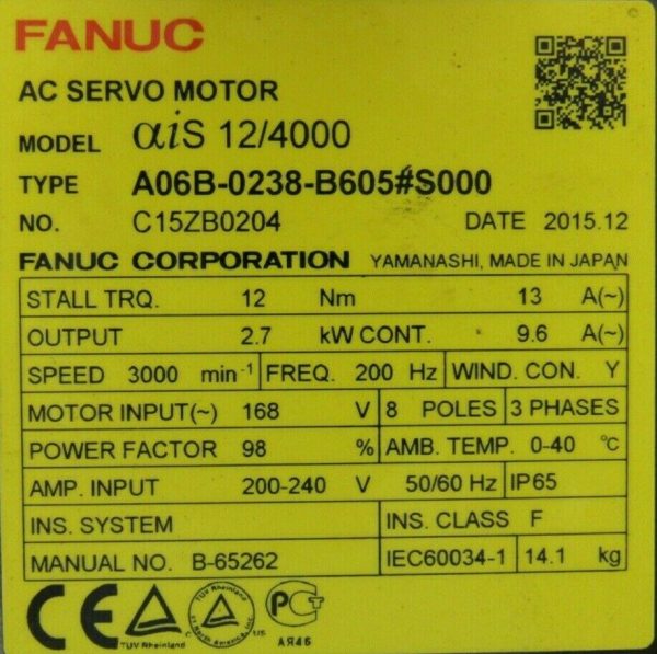 NEW FANUC A06B-0238-B605#S000 SERVO MOTOR AIS 12/4000 A860-2010-T341 - Image 6