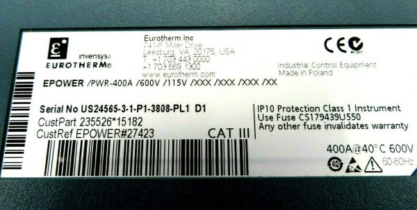 USED EUROTHERM CONTROLS EPOWER/PWR-400A/600V/115V/XXX/XXX/XXX/XX THYRISTOR - Image 4