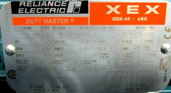 NEW RELIANCE ELECTRIC P18G0534 MOTOR XEX 3HP 230/460V 1760RPM 1-1/8" DIA. - Image 5