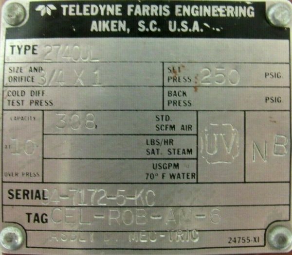 NEW TELEDYNE FARRIS 2740UL RELIEF VALVE 3/4x1 SET PRESSURE 250 - Image 4