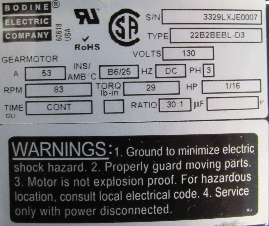NEW BODINE ELECTRIC 22B2BEBL-D3 GEARMOTOR 30:1 130V 1/16HP 22B2BEBLD3 - Image 4