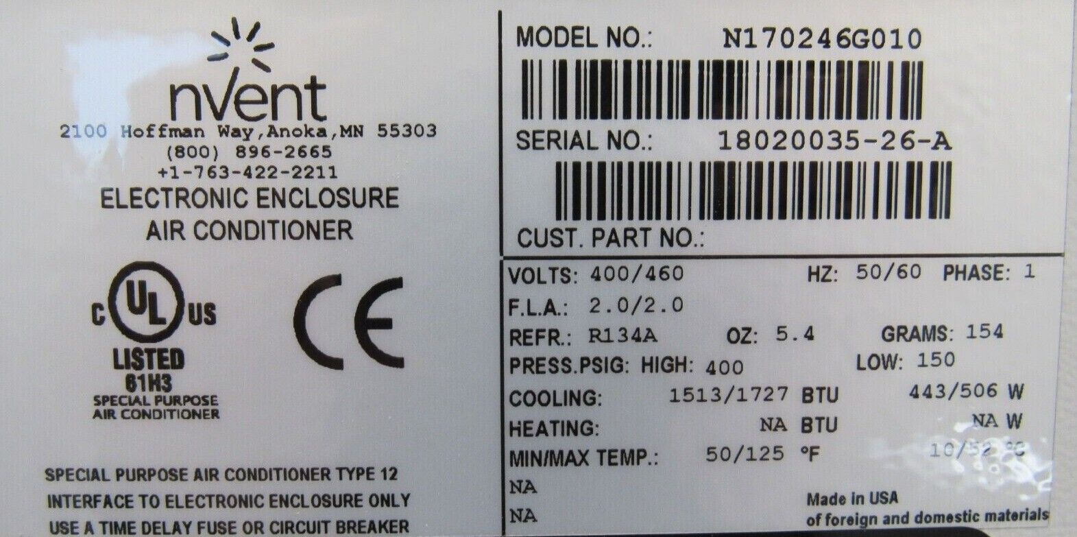 NEW PENTAIR NVENT N170246G010 AIR CONDITIONER 400/460V 1513/1727 BTU 25578 - Image 5