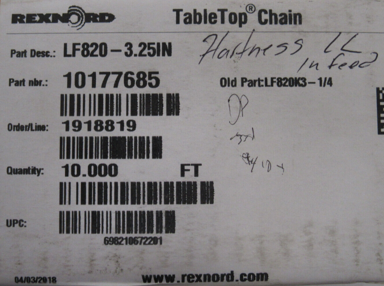 NEW REXNORD 10177685 TABLETOP CONVEYOR CHAIN LF820-3.25IN 10FT - Image 3