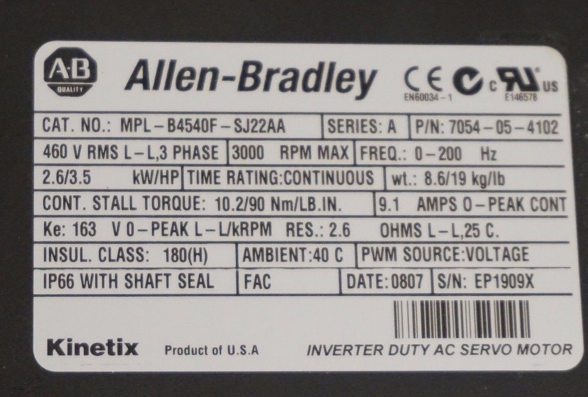NEW ALLEN BRADLEY MPL-B4540F-SJ22AA SERVO MOTOR SER. A, 7054-05-4102, 3.5HP - Image 5