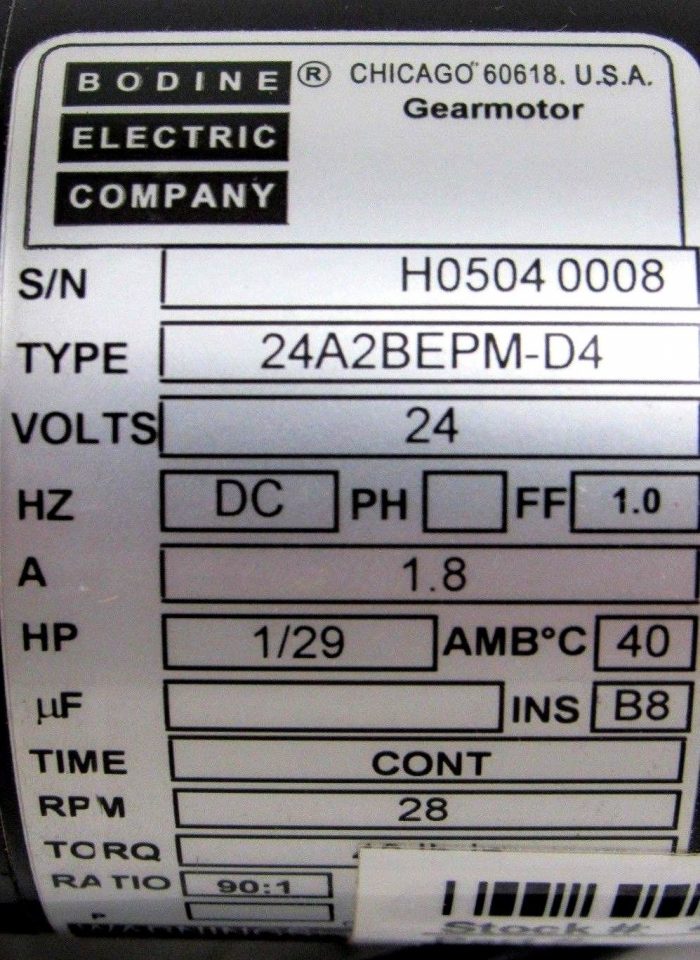 NEW BODINE ELECTRIC 24A2BEPM-D4 MOTOR 24V 1/29HP RATIO 90:1 24A2BEPMD4 - Image 5