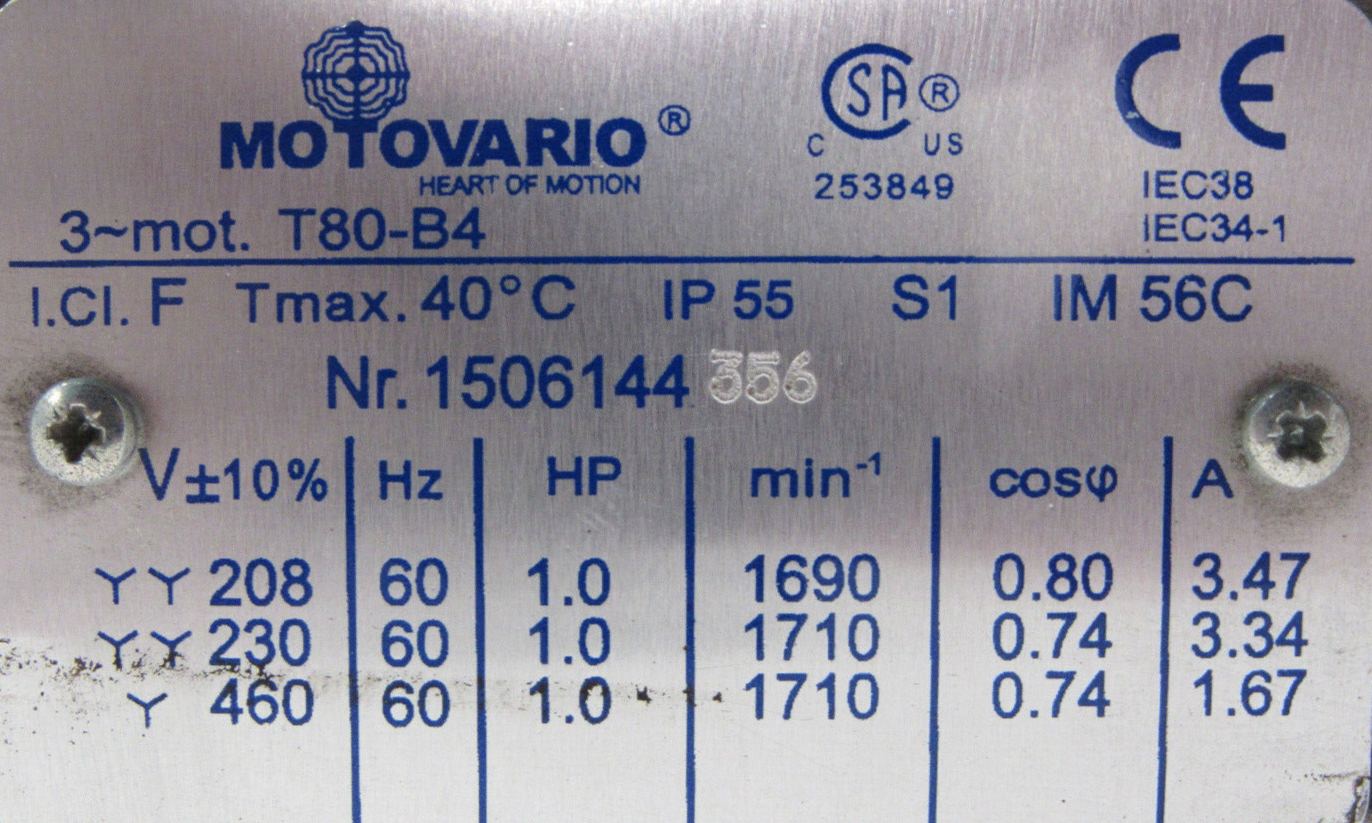 NEW MOTOVARIO NMRV-P063 GEARMOTOR T80-B4 208-230/460V 1HP NMRVP063 - Image 4