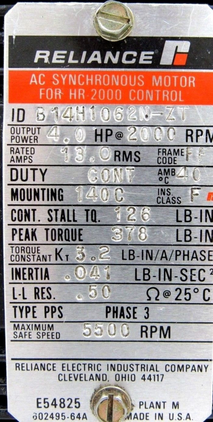 USED RELIANCE B14H1062N-ZT AC SYNCHRONOUS MOTOR 4HP 2000RPM B14H1062NZT - Image 5