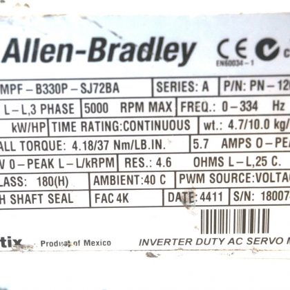ALLEN BRADLEY MPF-B330P-SJ72BA SERVO MOTOR SER.A 12625 MPFB330PSJ72BA