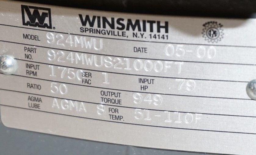 NEW WINSMITH 924MWU SPEED REDUCER 1750 RPM, 50:1 RATIO, 79 HP W/ D-890 HARDWARE - Image 4