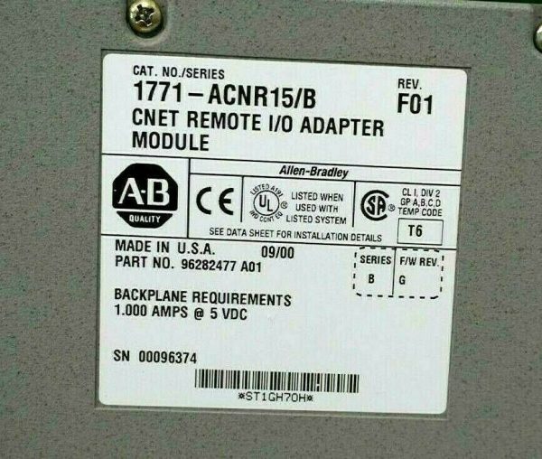 USED ALLEN BRADLEY 1771-ACNR15 /B I/O ADAPTER SER.B REV.F01 1771ACNR15B - Image 5