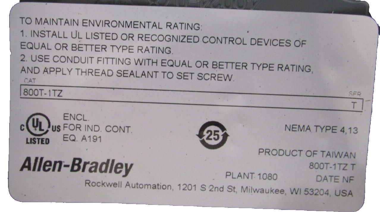 ALLEN BRADLEY 800T-1TZ DIE CAST ENCLOSURE 800T1TZ SERIES T NEW, SURPLUS - Image 3