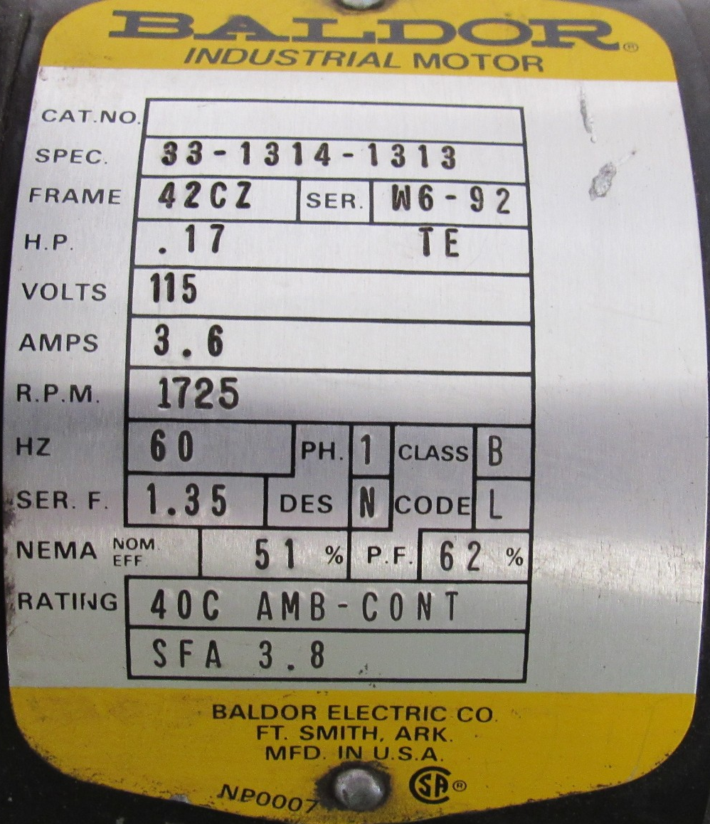 USED BALDOR 33-1314-1313 MOTOR .17HP 115V 1725RPM 3313141313 - Image 5