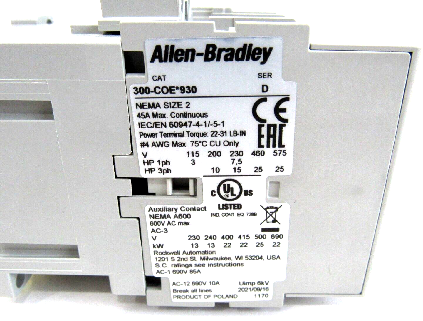 ALLEN BRADLEY 300-COEJ930 CONTACTOR SERIES D 300COEJ930 NEW, SURPLUS - Image 4