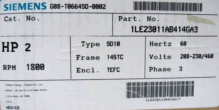 NEW SIEMENS 1LE23011AB414GA3 MOTOR 2 HP 3 PHASE 1800 RPM 208-230/460V - Image 4
