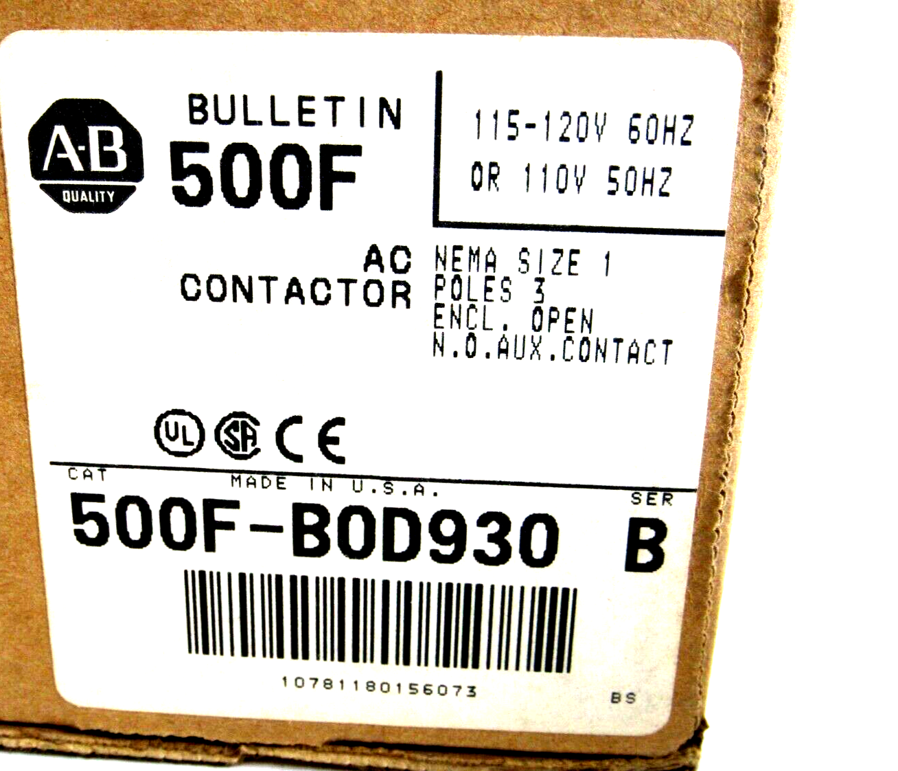 ALLEN BRADLEY 500F-B0D930 CONTACTOR SIZE 1 SER B 500FB0D930 NEW, SURPLUS - Image 7