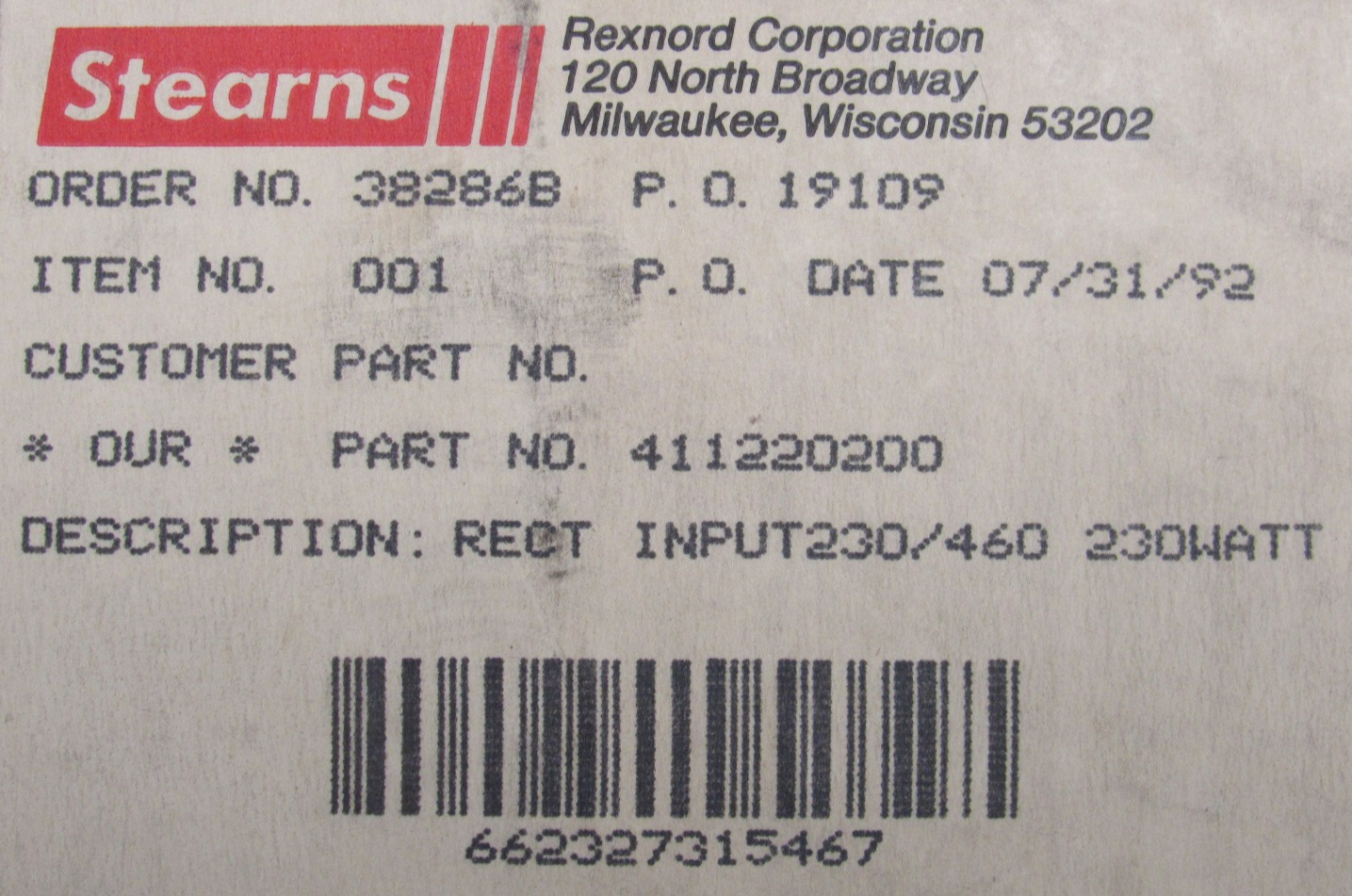 Stearns Rectifier NEW STEARNS 4-1-12202-00 RECTIFIER INPUT 230/460 230WATT 411220200 - SB ...