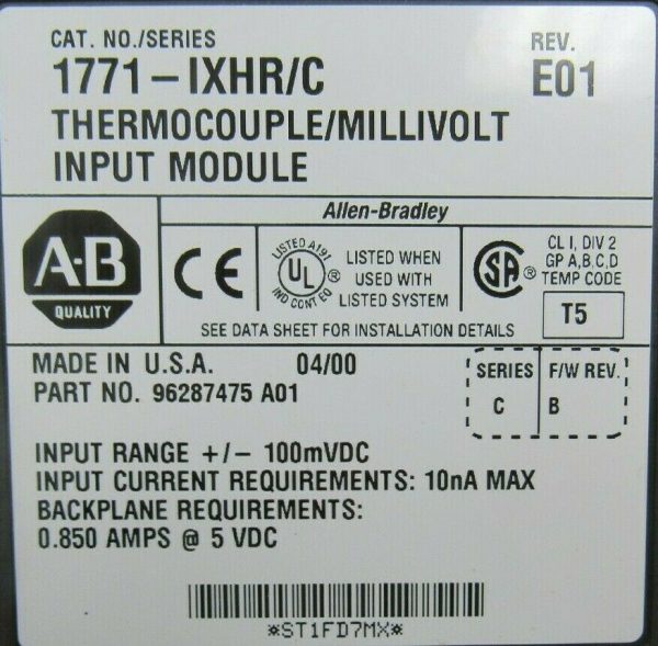 USED ALLEN BRADLEY 1771-IXHR/C THERMOCOUPLE INPUT MODULE REV E01 1771IXHRC - Image 4