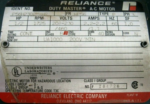 NEW RELIANCE ELECTRIC P56H2302M-WR MOTOR 1/2HP 1725RPM 208-230/460V 5/8" - Image 4