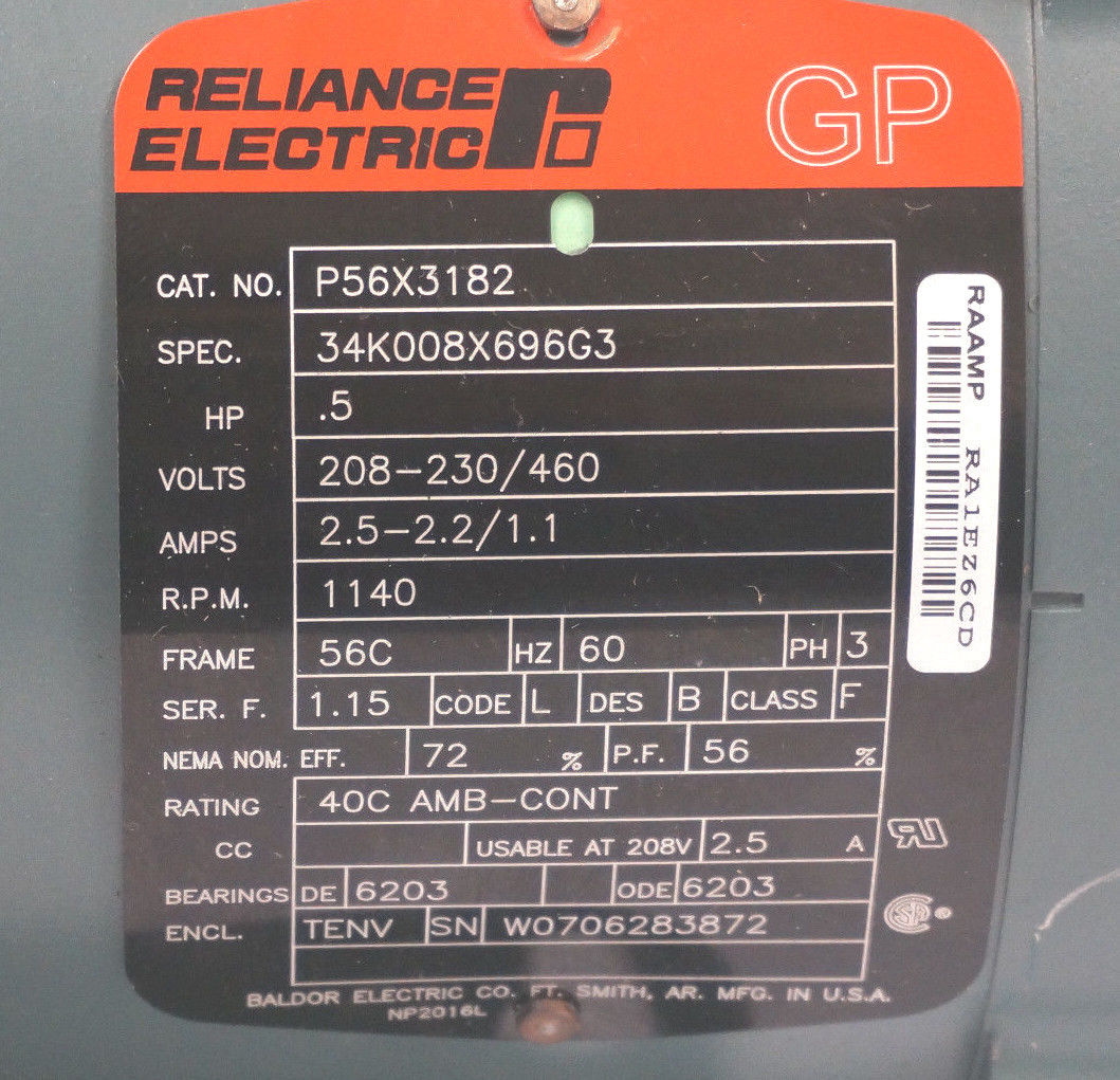 NEW RELIANCE ELECTRIC P56X3182 MOTOR .5HP, 208-230/460V, 34K008X696G3 - Image 4